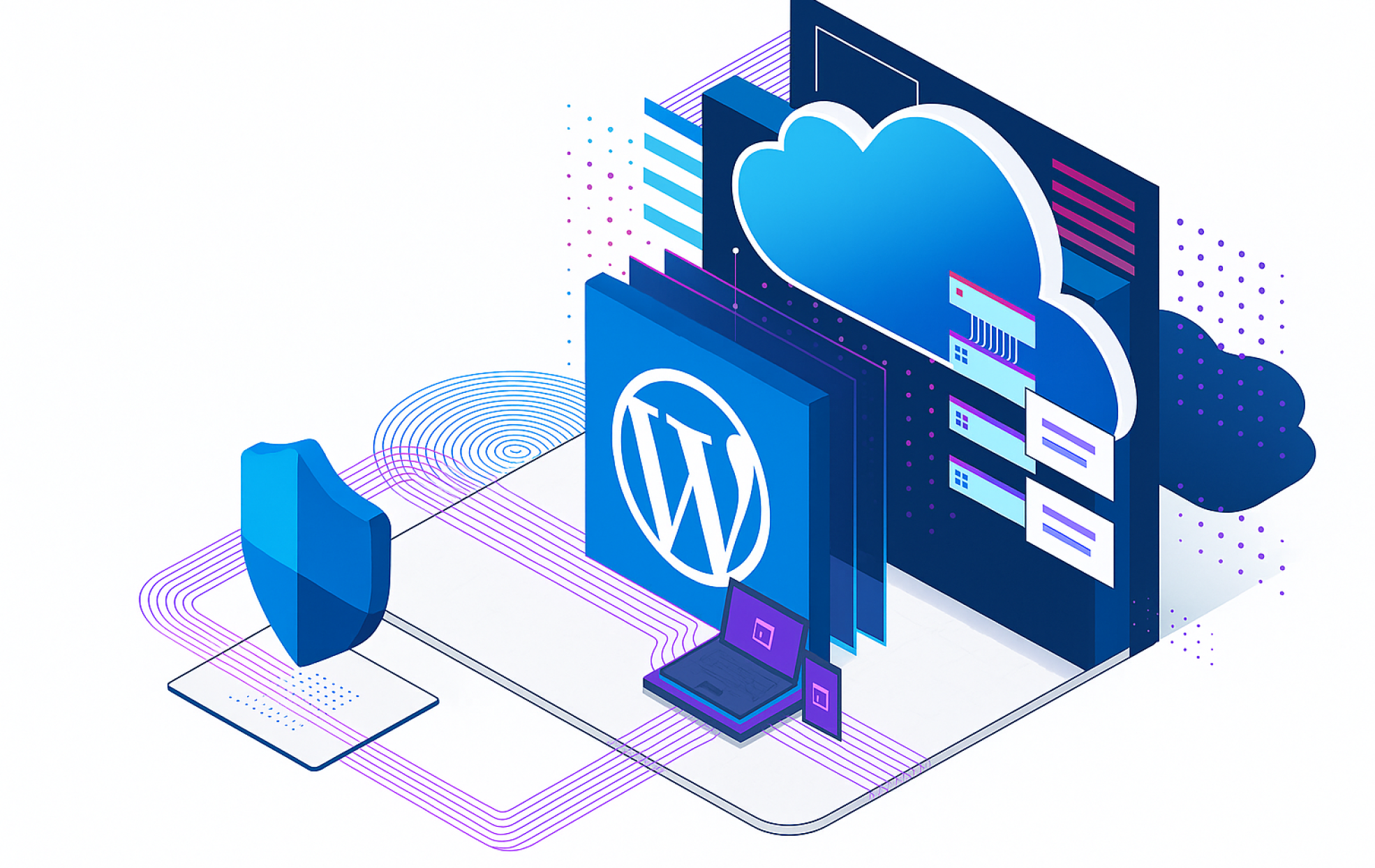 Ilustración isométrica de herramientas de seguridad y gestión para WordPress en la nube, con el logo de WordPress, escudo, laptop y elementos conectados.