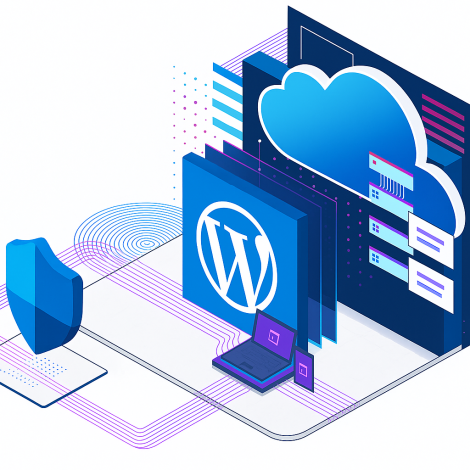 Ilustración isométrica de herramientas de seguridad y gestión para WordPress en la nube, con el logo de WordPress, escudo, laptop y elementos conectados.