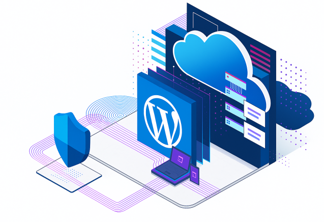 Ilustración isométrica de herramientas de seguridad y gestión para WordPress en la nube, con el logo de WordPress, escudo, laptop y elementos conectados.