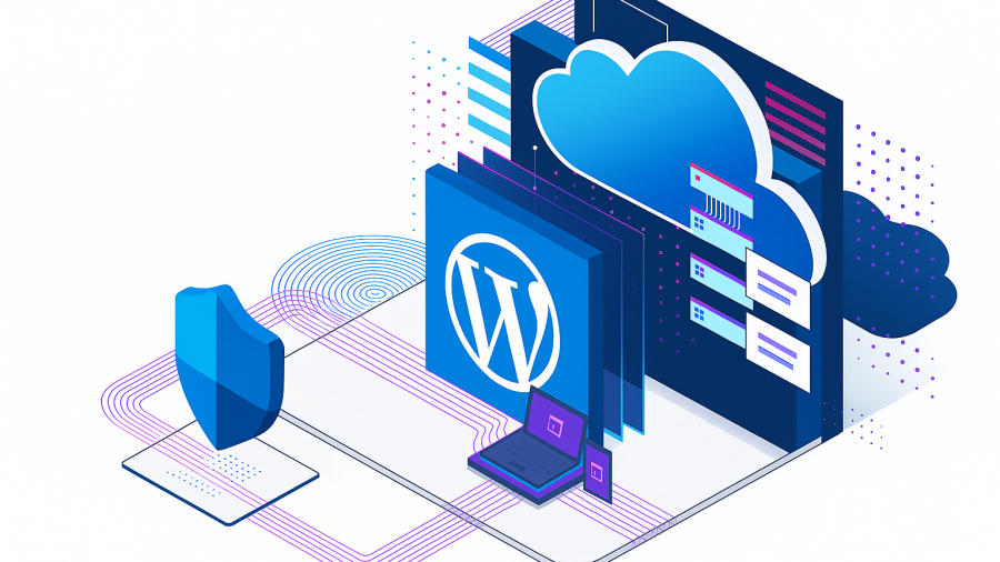 Ilustración isométrica de herramientas de seguridad y gestión para WordPress en la nube, con el logo de WordPress, escudo, laptop y elementos conectados.