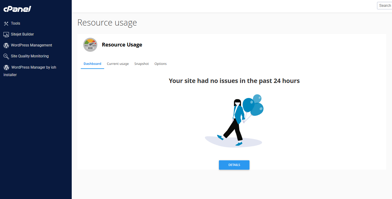 Sección de métricas en cPanel destacando la opción “Uso de Recursos”.