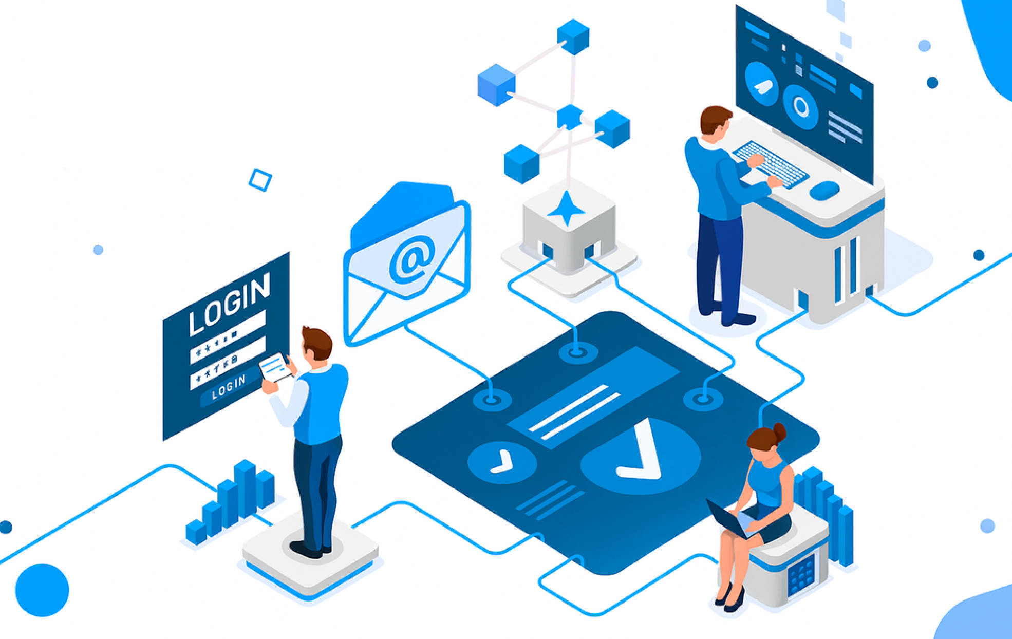 Ilustración isométrica de autenticación multifactor (MFA) con login seguro y verificación por correo electrónico