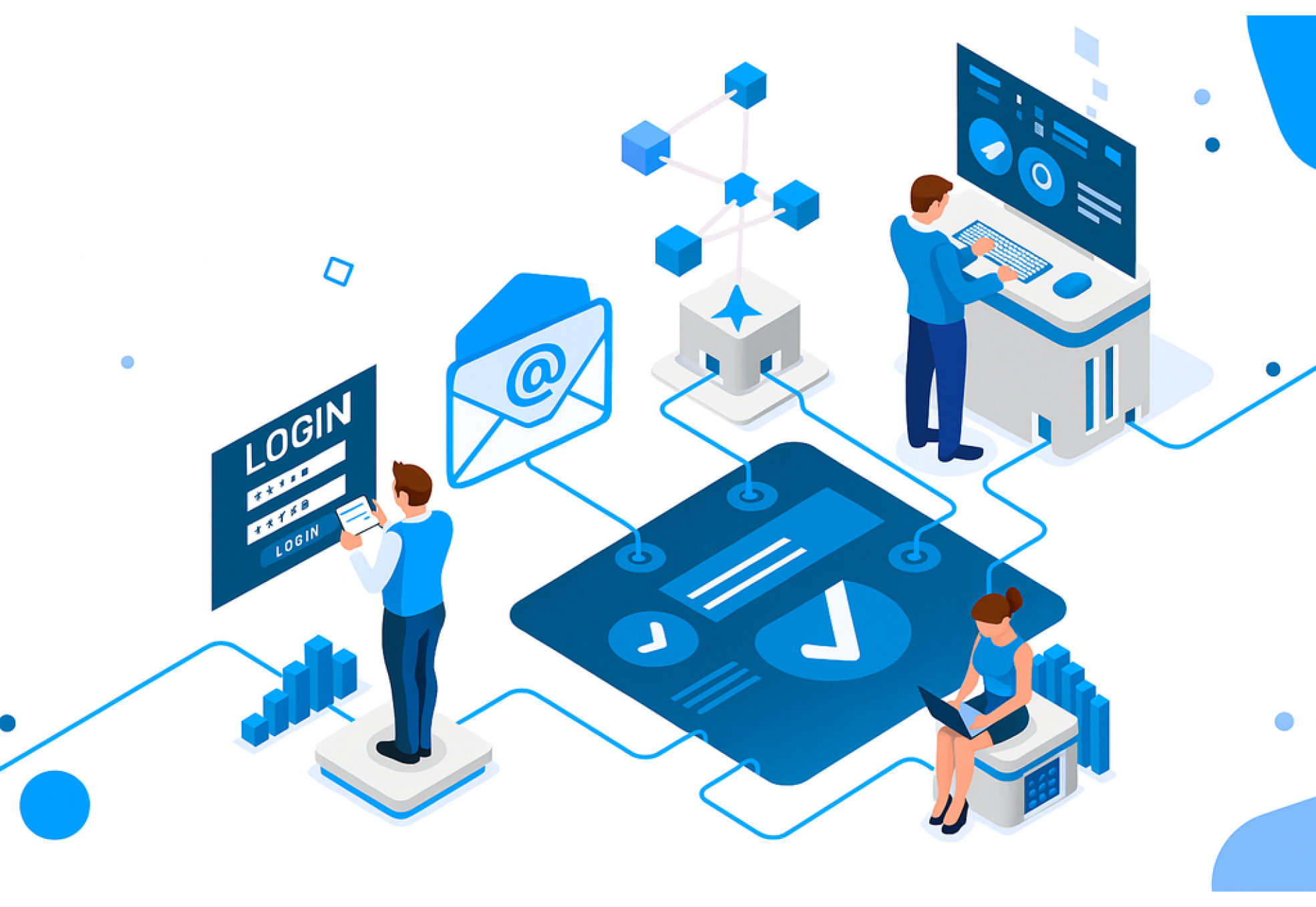Ilustración isométrica de autenticación multifactor (MFA) con login seguro y verificación por correo electrónico