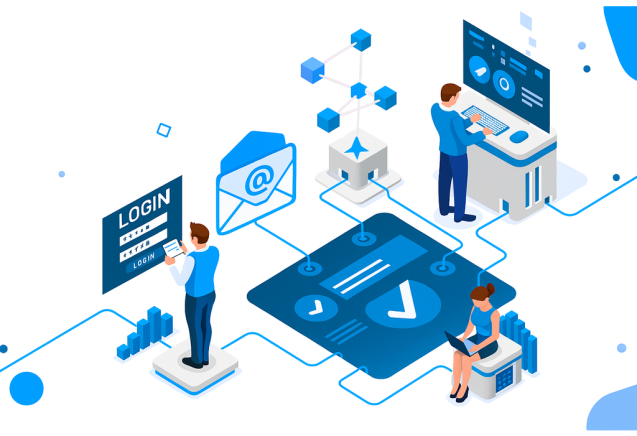 Ilustración isométrica de autenticación multifactor (MFA) con login seguro y verificación por correo electrónico