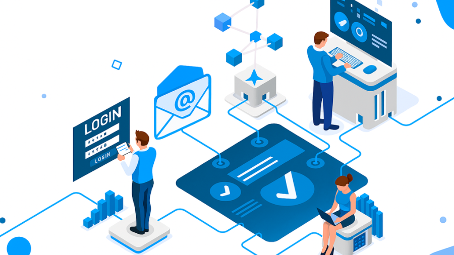 Ilustración isométrica de autenticación multifactor (MFA) con login seguro y verificación por correo electrónico