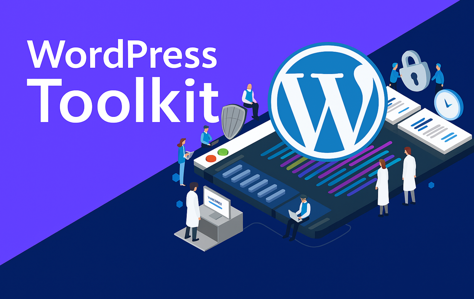 Ilustración del entorno de WordPress Toolkit con íconos de herramientas y figuras trabajando en su configuración.