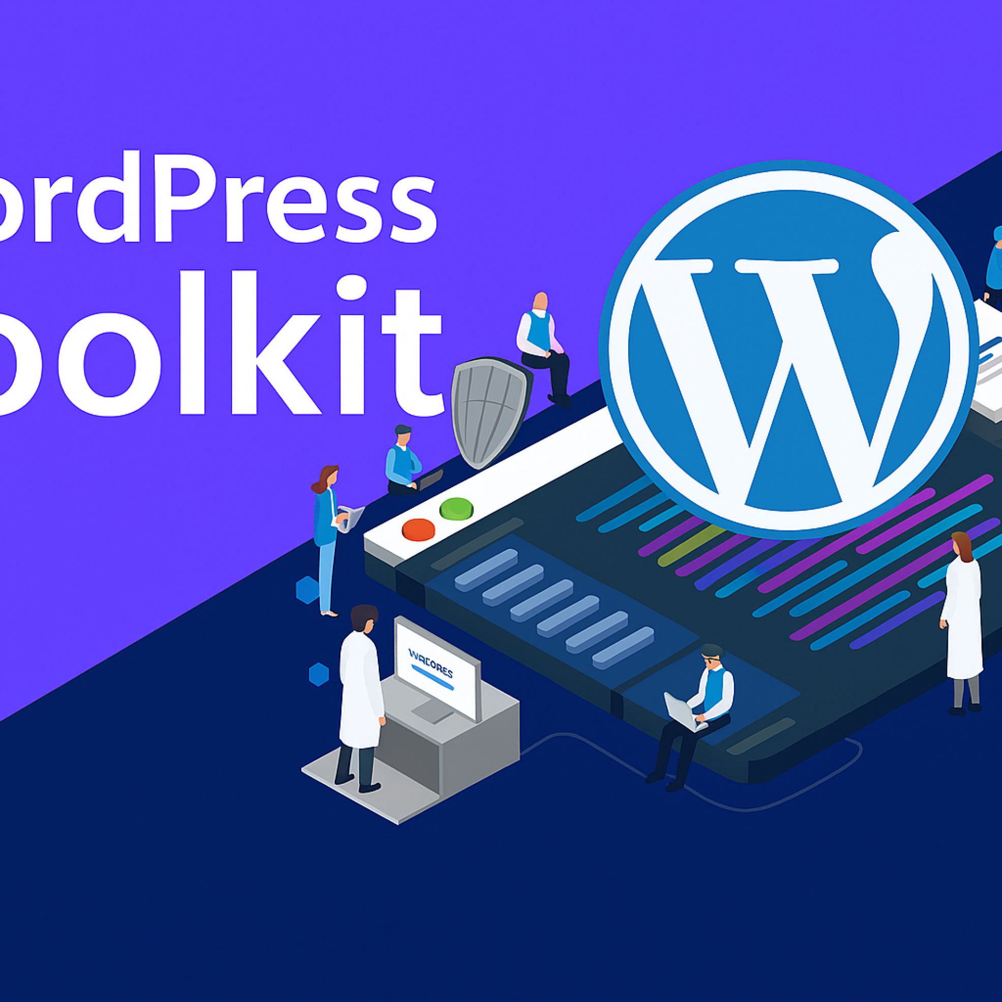 Ilustración del entorno de WordPress Toolkit con íconos de herramientas y figuras trabajando en su configuración.