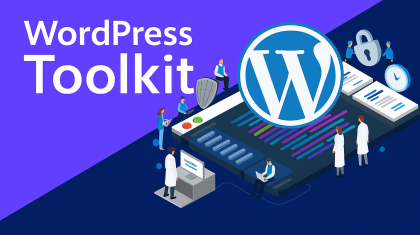 Ilustración del entorno de WordPress Toolkit con íconos de herramientas y figuras trabajando en su configuración.
