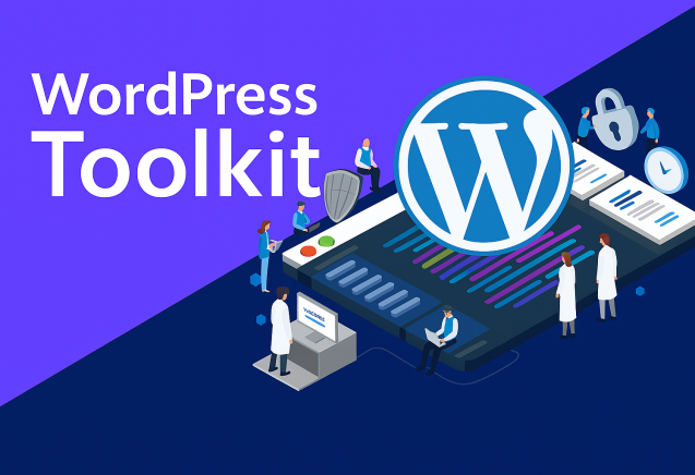 Ilustración del entorno de WordPress Toolkit con íconos de herramientas y figuras trabajando en su configuración.